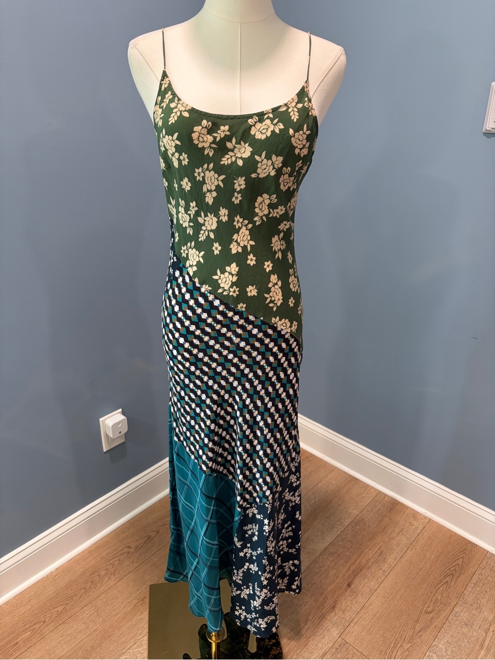 Anthropologie Kachel Patchwork 100% Silk Bias Cut Maxi Dress Green Blue Floral - Picture 2 of 8